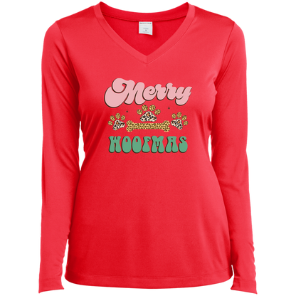 Merry Woofmas Dog Christmas Ladies’ Long Sleeve Performance V-Neck Tee