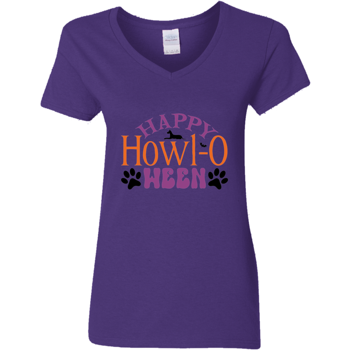 Happy Howl-o-ween Halloween Paw Print & Dog Ladies' V-Neck T-Shirt