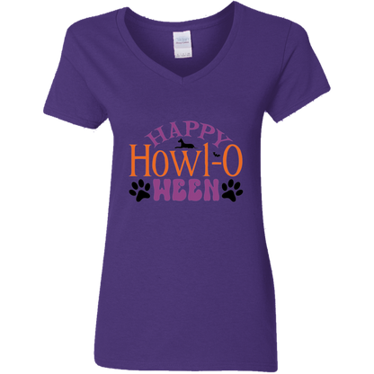 Happy Howl-o-ween Halloween Paw Print & Dog Ladies' V-Neck T-Shirt