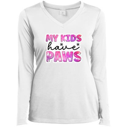 My Kids Have Paws Dog Mom Watercolor Ladies’ Long Sleeve Performance V-Neck Tee