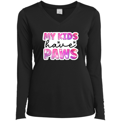 My Kids Have Paws Dog Mom Watercolor Ladies’ Long Sleeve Performance V-Neck Tee