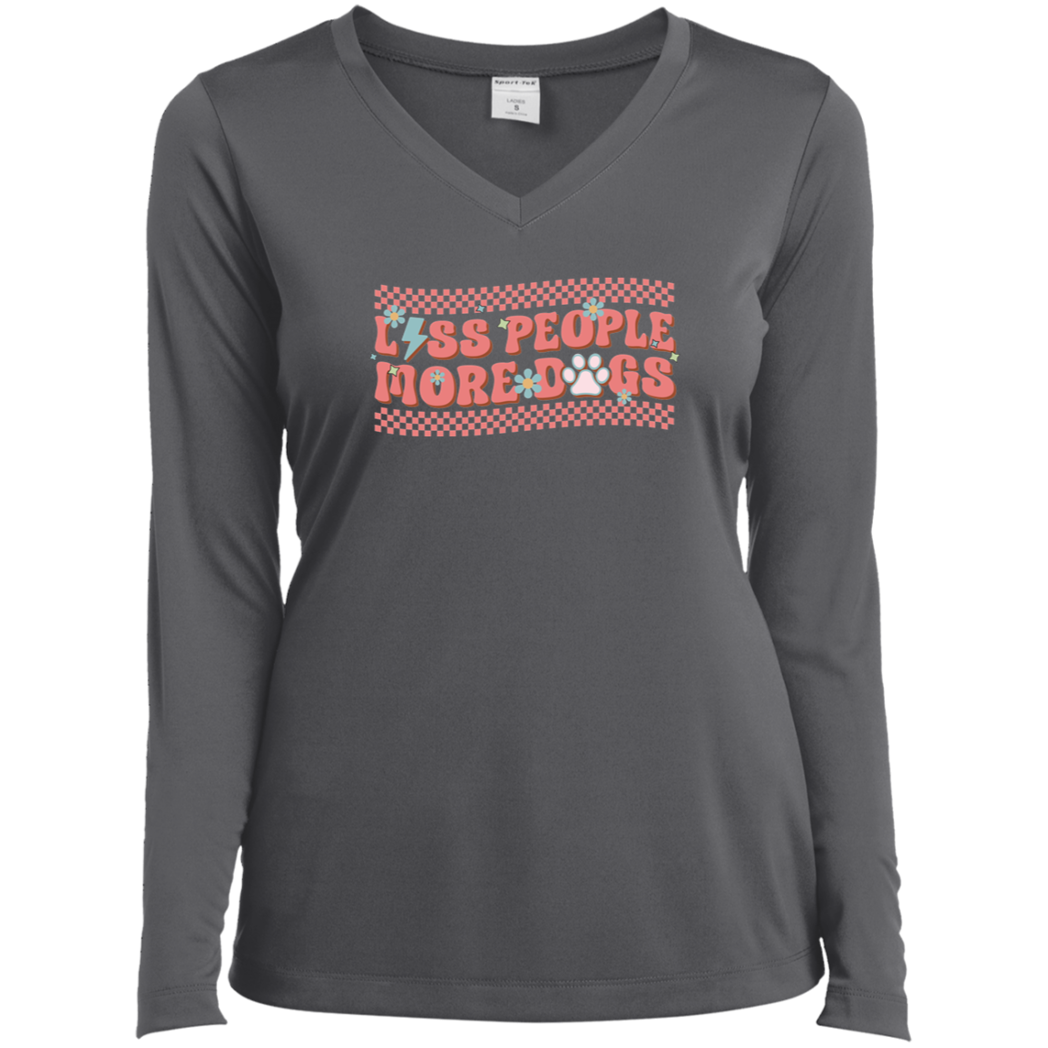 Less People More Dogs  Ladies’ Long Sleeve Performance V-Neck Tee