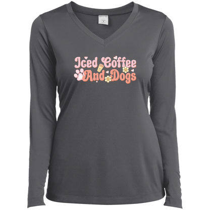 Iced Coffee and Dogs Retro Daisy Ladies’ Long Sleeve Performance V-Neck Tee