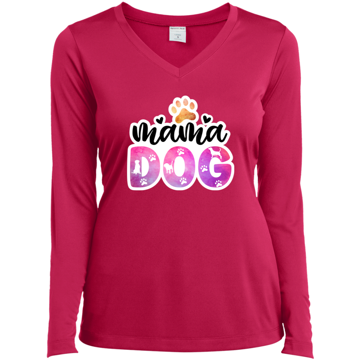 Mama Dog Paw Watercolor Ladies’ Long Sleeve Performance V-Neck Tee