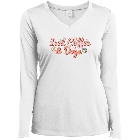 Iced Coffee & Dogs Ladies’ Long Sleeve Performance V-Neck Tee