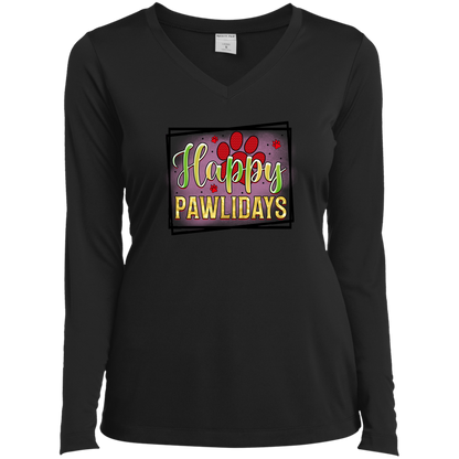 Happy Pawlidays Paw Print Dog Christmas Ladies’ Long Sleeve Performance V-Neck Tee