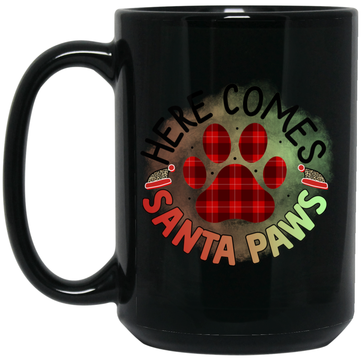 Here Comes Santa Paws Christmas Dog 15 oz. Black Mug