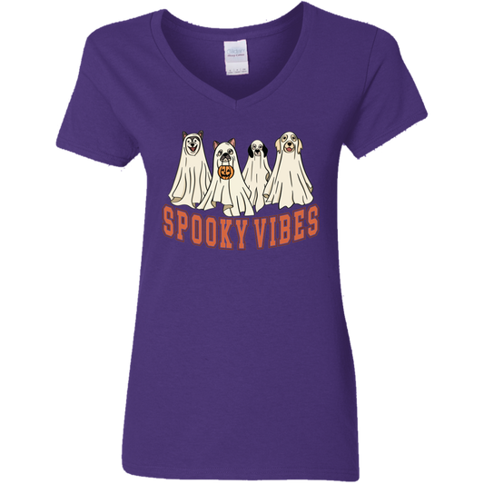 Retro Spooky Vibes Halloween Dogs Ladies' V-Neck T-Shirt