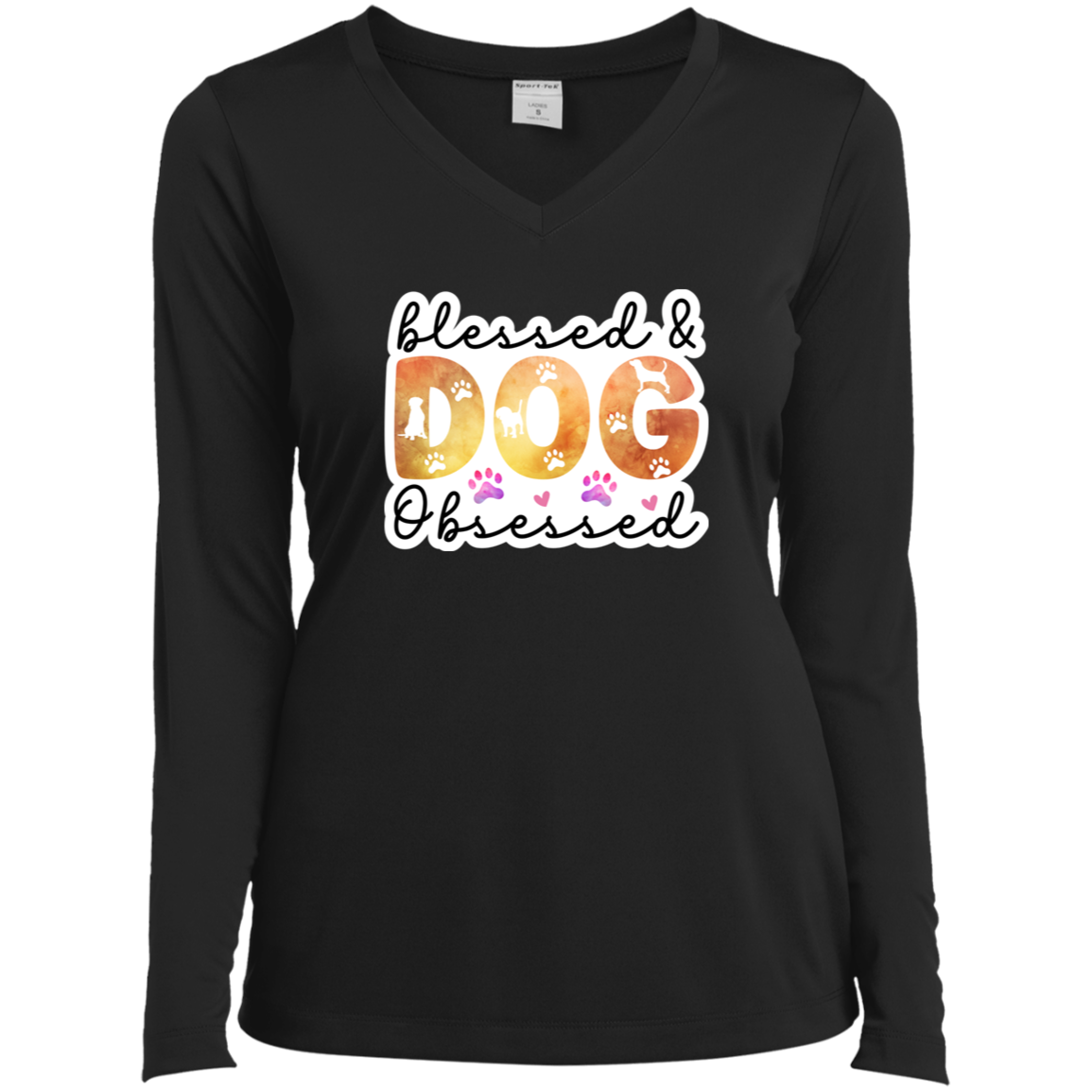Blessed & Dog Obsessed Watercolor Ladies’ Long Sleeve Performance V-Neck Tee