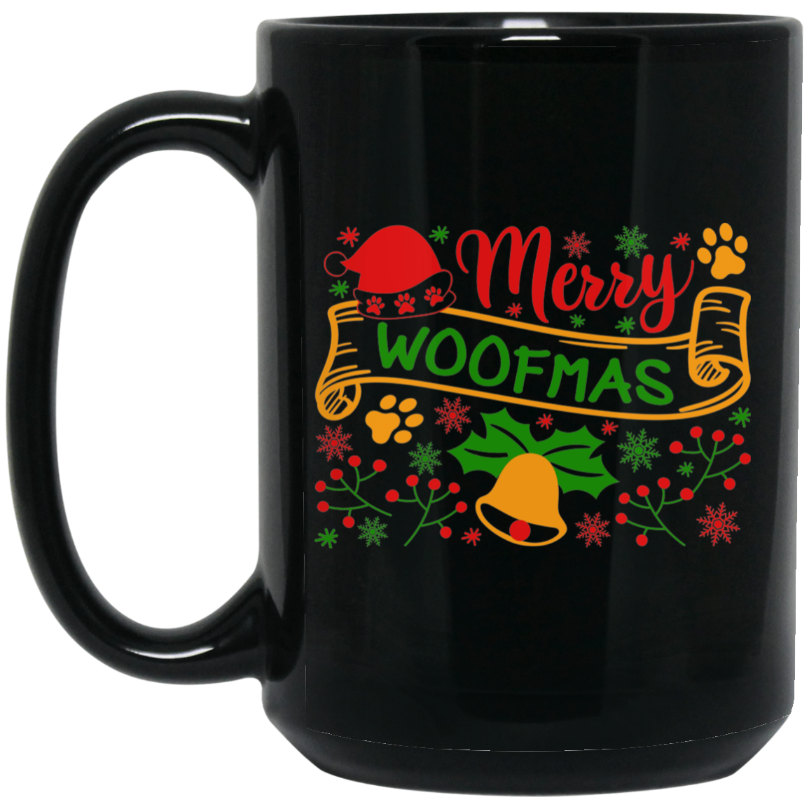 Merry Woofmas Christmas Dog 15 oz. Black Mug