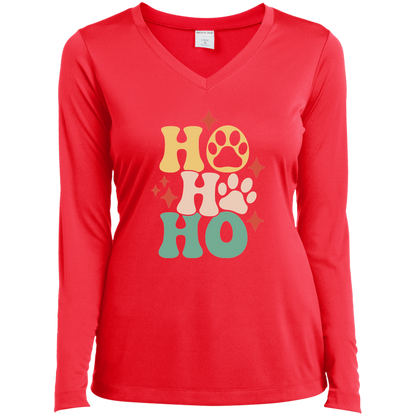 Ho Ho Ho Paws Dog Christmas Ladies’ Long Sleeve Performance V-Neck Tee