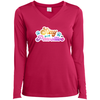 Stay Pawsitive Dog Watercolor Ladies’ Long Sleeve Performance V-Neck Tee
