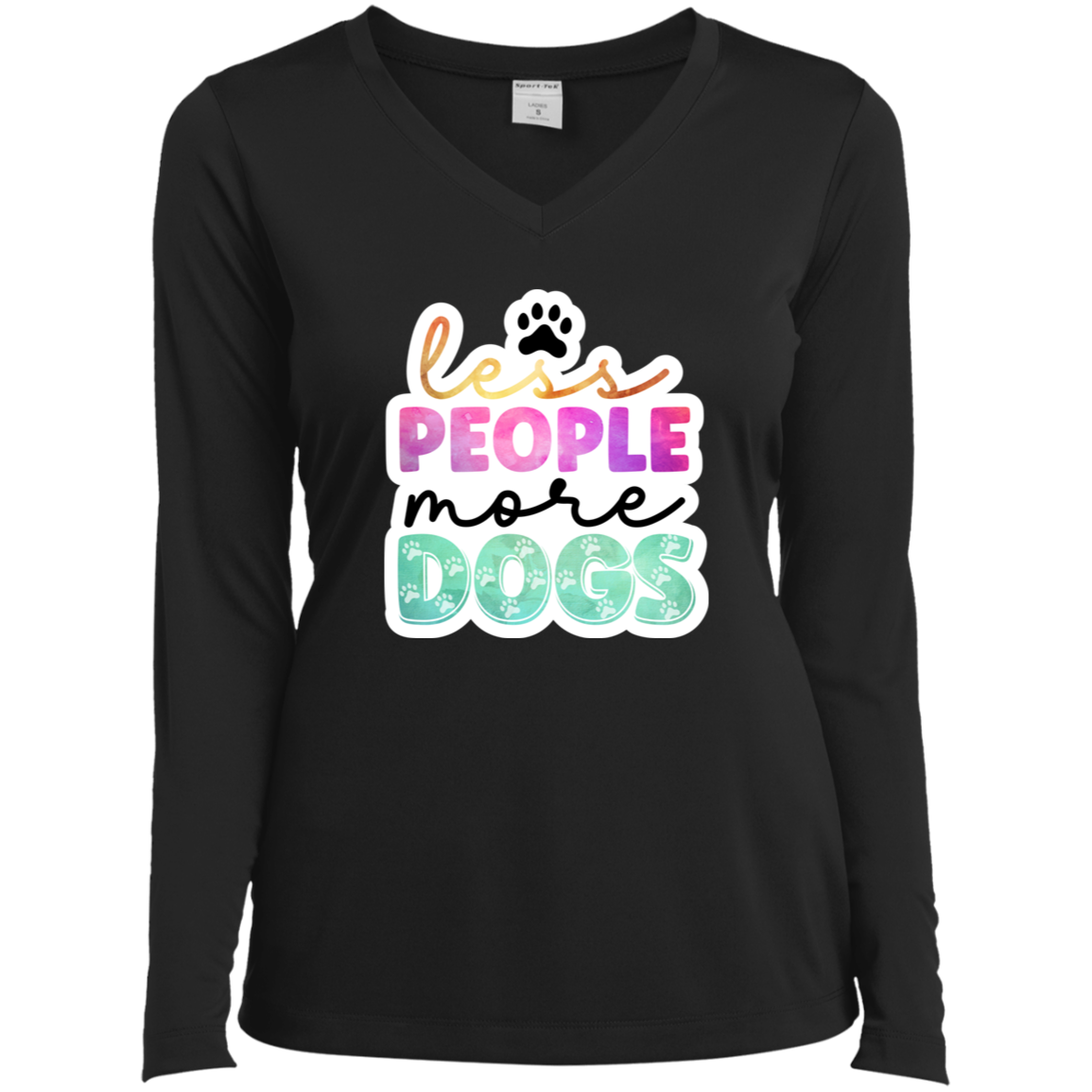 Less People More Dogs Watercolor Ladies’ Long Sleeve Performance V-Neck Tee