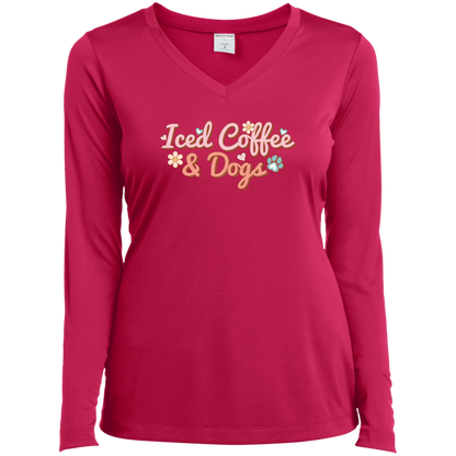 Iced Coffee & Dogs Ladies’ Long Sleeve Performance V-Neck Tee