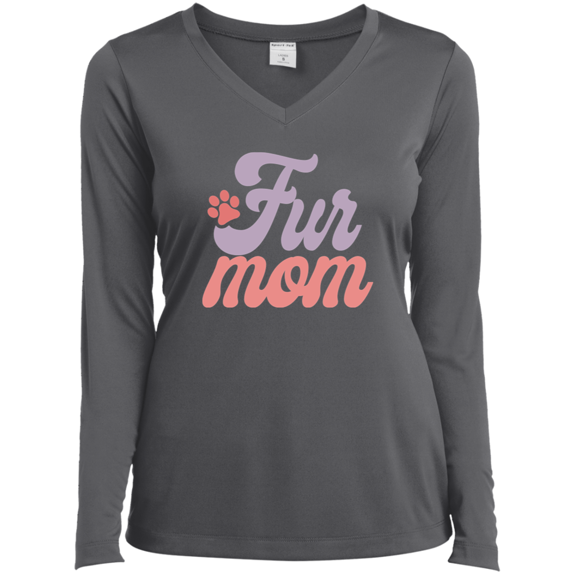 Fur Mom Dog Paw Print Print Ladies’ Long Sleeve Performance V-Neck Tee