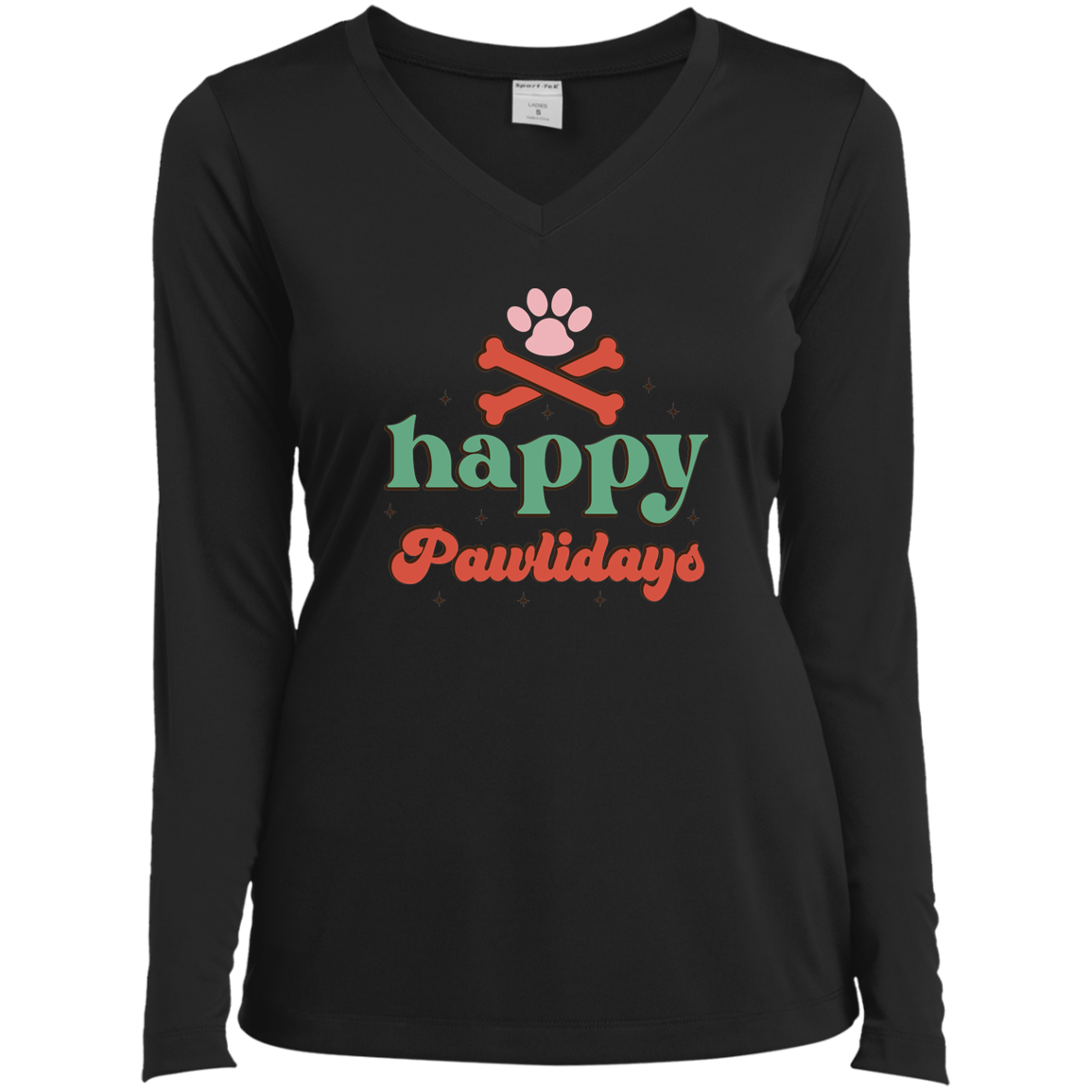 Happy Pawlidays Dog Christmas Ladies’ Long Sleeve Performance V-Neck Tee
