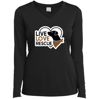 Live Love Rescue Dog Ladies’ Long Sleeve Performance V-Neck Tee