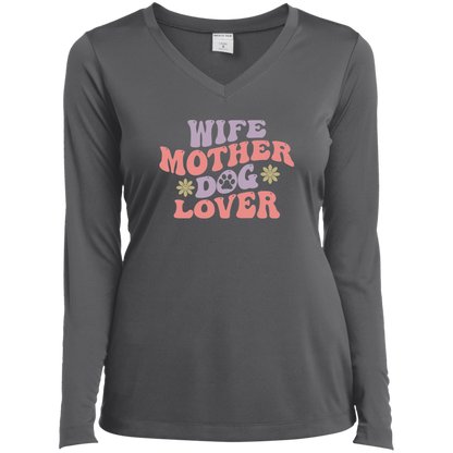 Wife Mother Dog Lover Rescue Mom Ladies’ Long Sleeve Performance V-Neck Tee