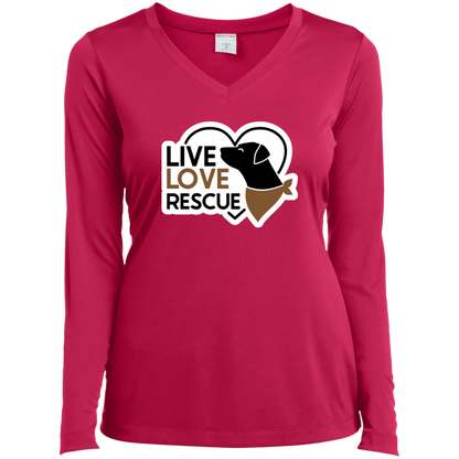 Live Love Rescue Dog Ladies’ Long Sleeve Performance V-Neck Tee