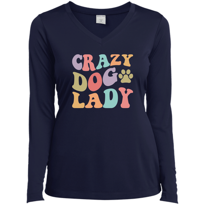 Crazy Dog Lady Rescue Ladies’ Long Sleeve Performance V-Neck Tee