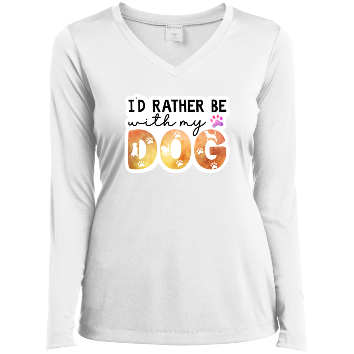 I'd Rather Be With My Dog Watercolor Ladies’ Long Sleeve Performance V-Neck Tee