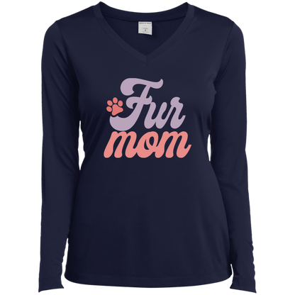Fur Mom Dog Paw Print Print Ladies’ Long Sleeve Performance V-Neck Tee