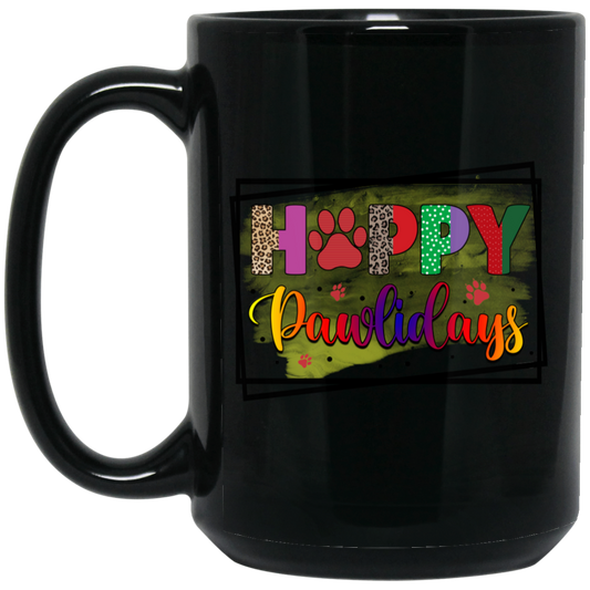 Happy Pawlidays Christmas Dog 15 oz. Black Mug