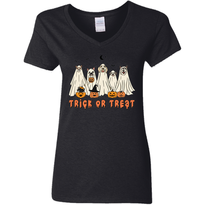 Trick or Treat Pups Halloween Dogs Ladies' V Neck T-Shirt
