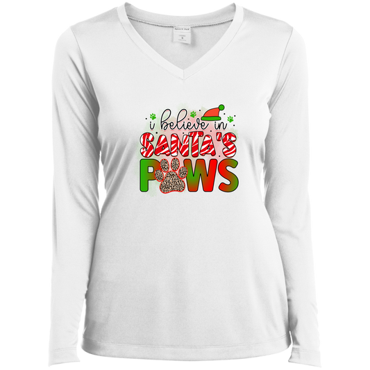 I Believe in Santa Paws Dog Christmas Ladies’ Long Sleeve Performance V-Neck Tee