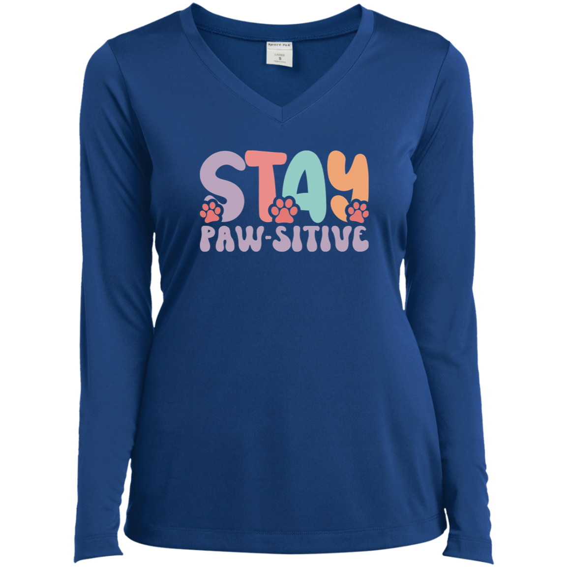 Stay Pawsitive Dog Rescue Ladies’ Long Sleeve Performance V-Neck Tee