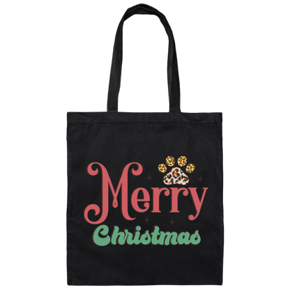 Merry Christmas Paw Print Dog Canvas Tote Bag