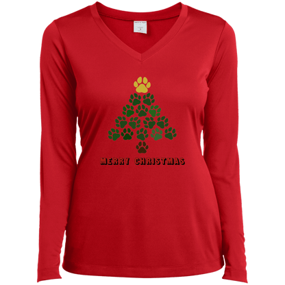 Christmas Tree Paws - Ladies Long Sleeve V-Neck Rescuers Club