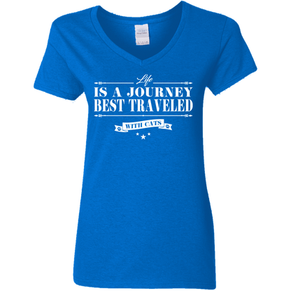 Life Is A Journey Best Travelled With Cats- Ladies V Neck.
