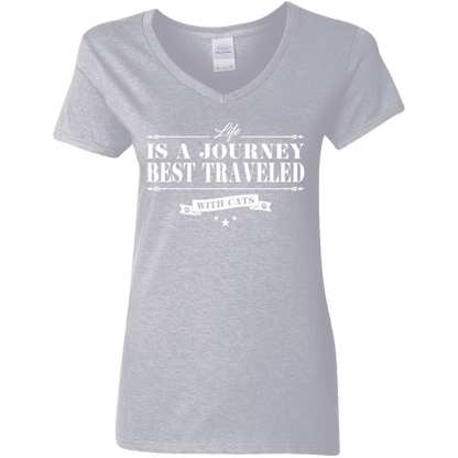 Life Is A Journey Best Travelled With Cats- Ladies V Neck.