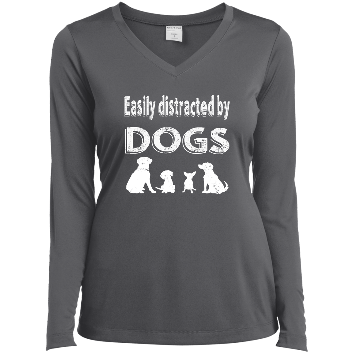 Easily Distracted By Dogs - Long Sleeve Ladies V Neck.
