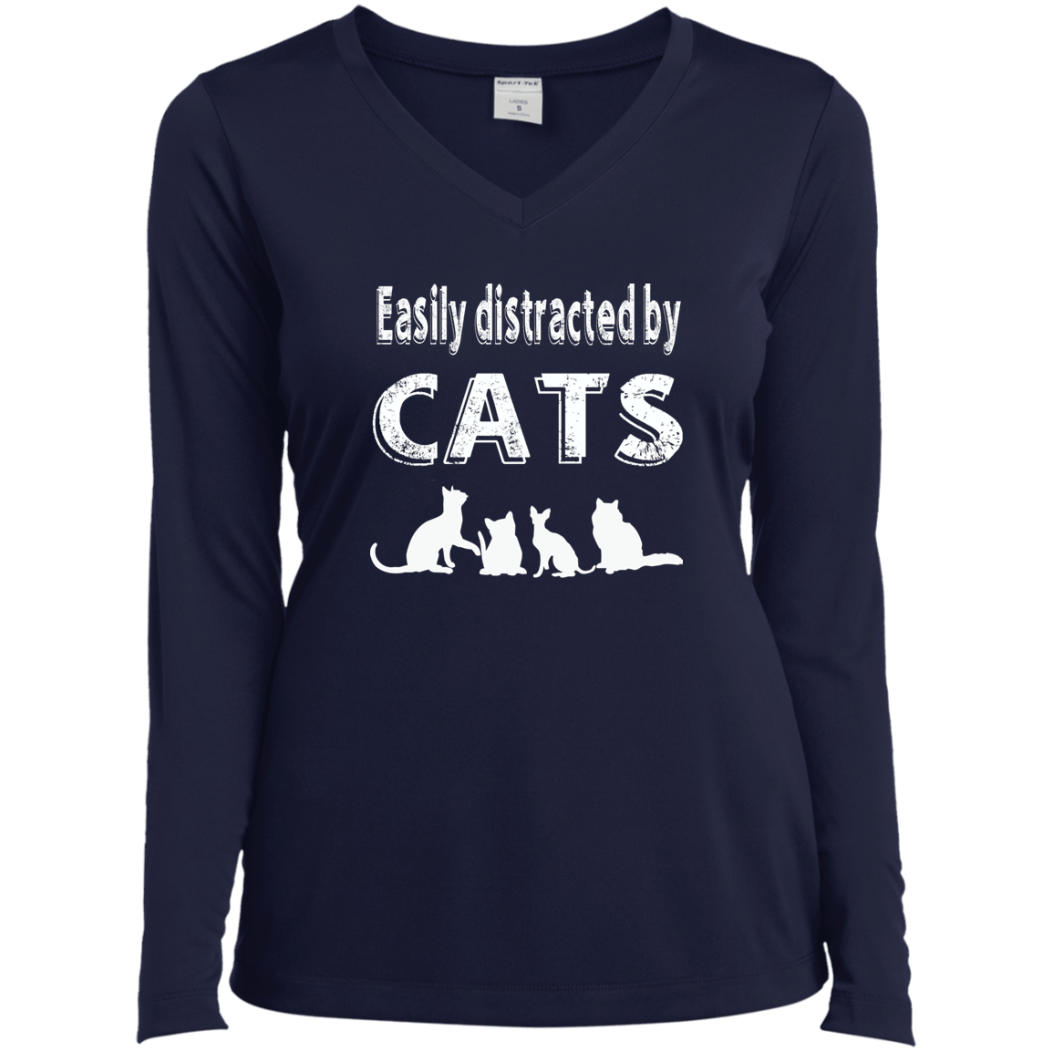 Easily Distracted By Cats - Long Sleeve Ladies V Neck.