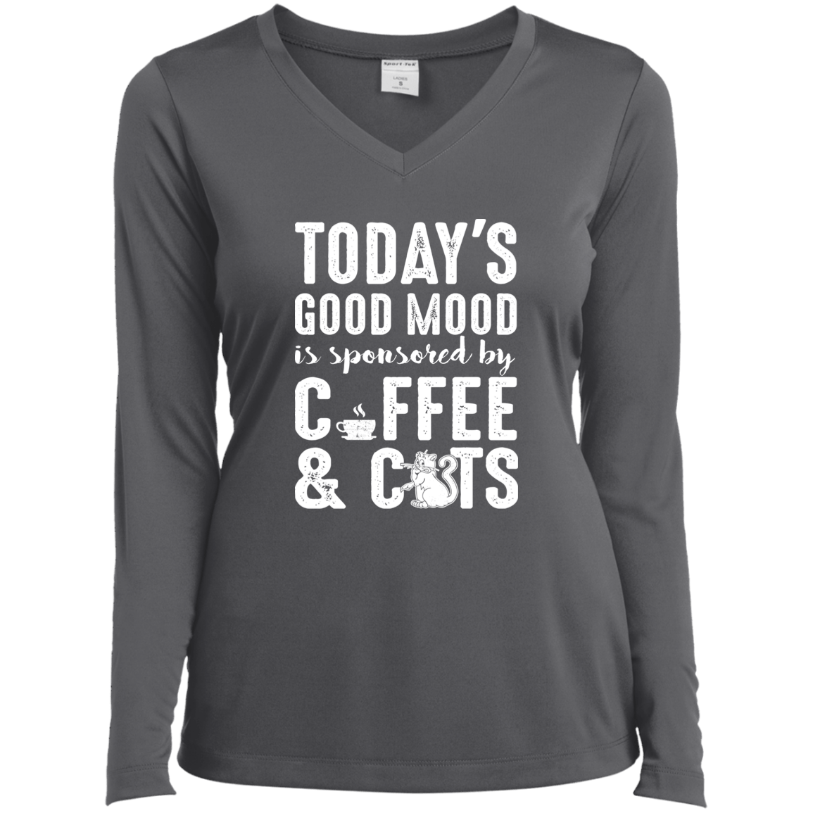 Today's Good Mood Coffee & Cats - Long Sleeve Ladies V Neck.