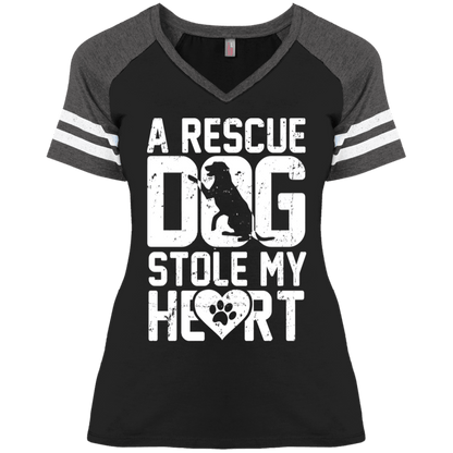 A Rescue Dog Stole My Heart - Varsity Ladies V-Neck.
